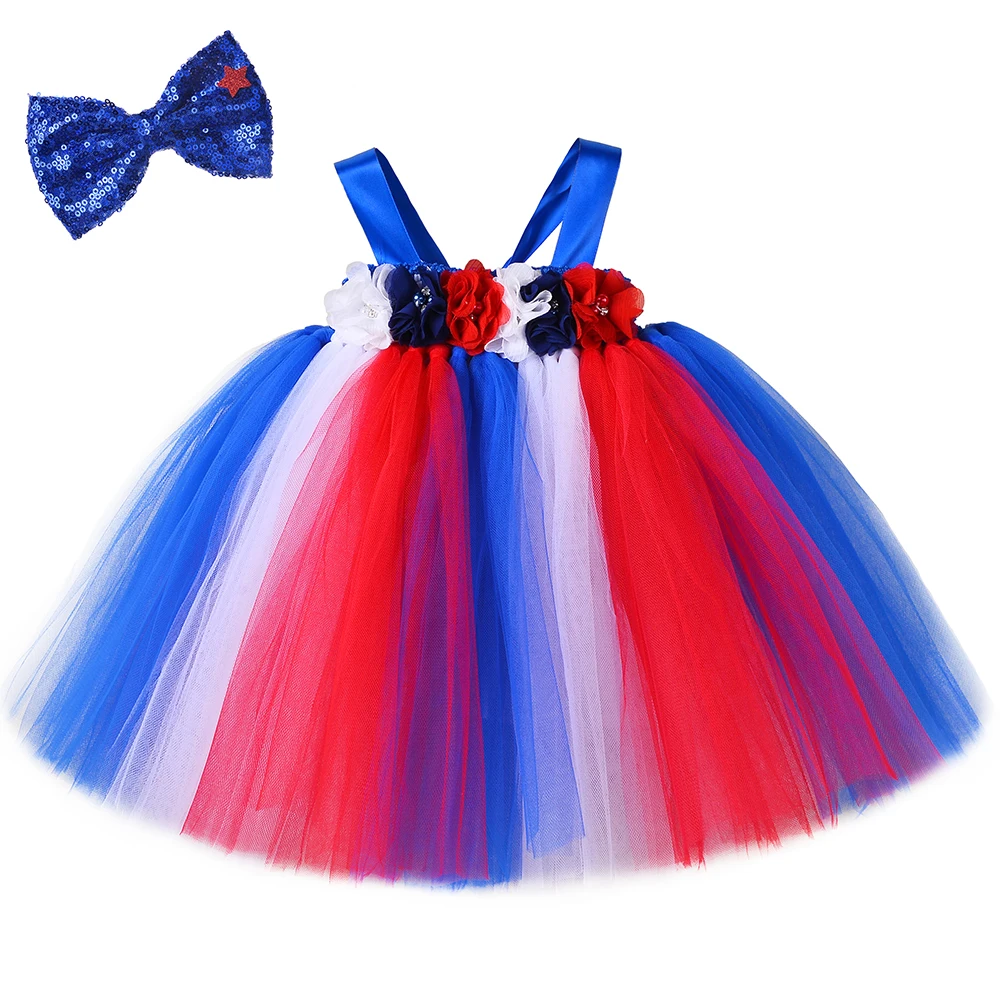 Baby Girls Flowers Tutu Dress Red White Blue Infant Toddler Girl Tulle Princess Dress 1 Year Birthday Party 4th of July Clothes