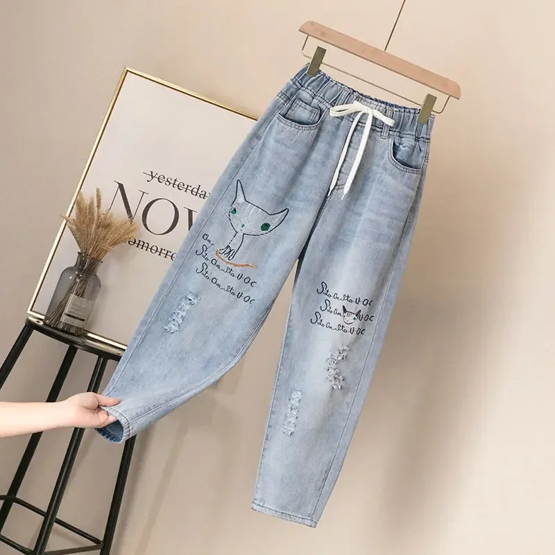 

Women Embroidered Ninth Jeans Spring Summer Harem Pants Loose Thin Elastic Waist Leisure Plus Size Retro Free Shipping Wholesale