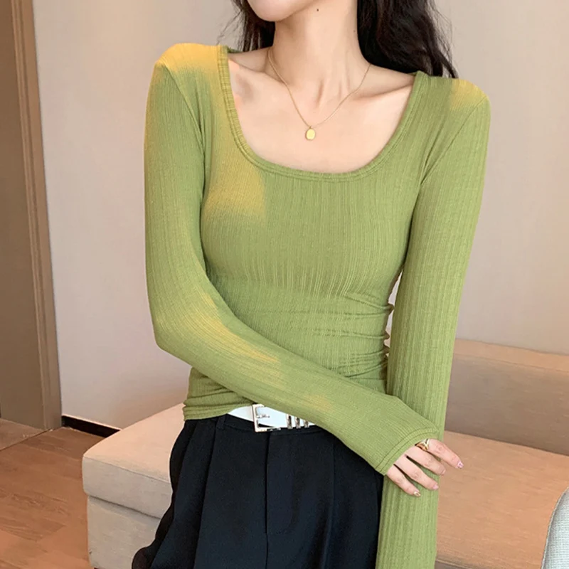 Tops tejidos con cuello en U para Mujer, camisa sencilla de Color sólido que combina con todo, ropa de calle coreana, camisa de estilo suave, moda de otoño