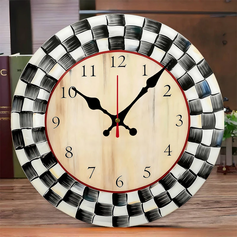 Black And White Grid Wooden Round Silent Hanging Wall Clock,Suitable For Living Room,Office,Study Room,Bedroom,Home Decoration