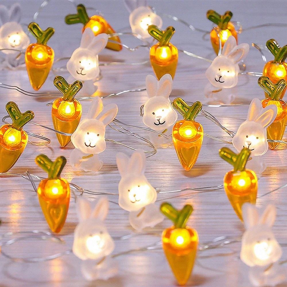 2M 20 Rabbits Carrots Light Decoration Batteries Copper Wire Waterproof LED String Lights Home Outdoor Easter Party Decorations