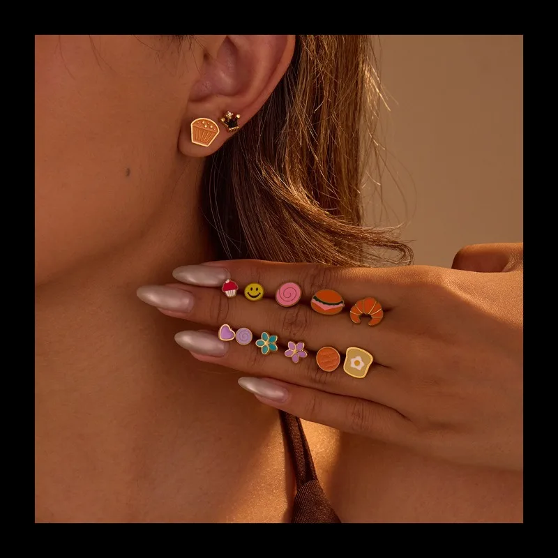 الإبداعية اللون يقطر الفولاذ المقاوم للصدأ وأقراط حلوة لطيف الكرتون الفاكهة كعكة أقراط صغيرة #2