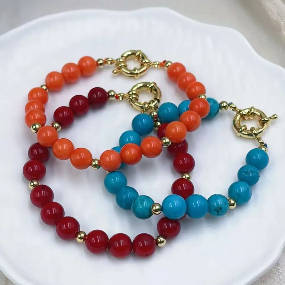 8MM Round Natural Sea Bamboo Orange Red Coral Blue Turquoise Vintage Jewelry Elastic Clasp Bracelet 7-9inch