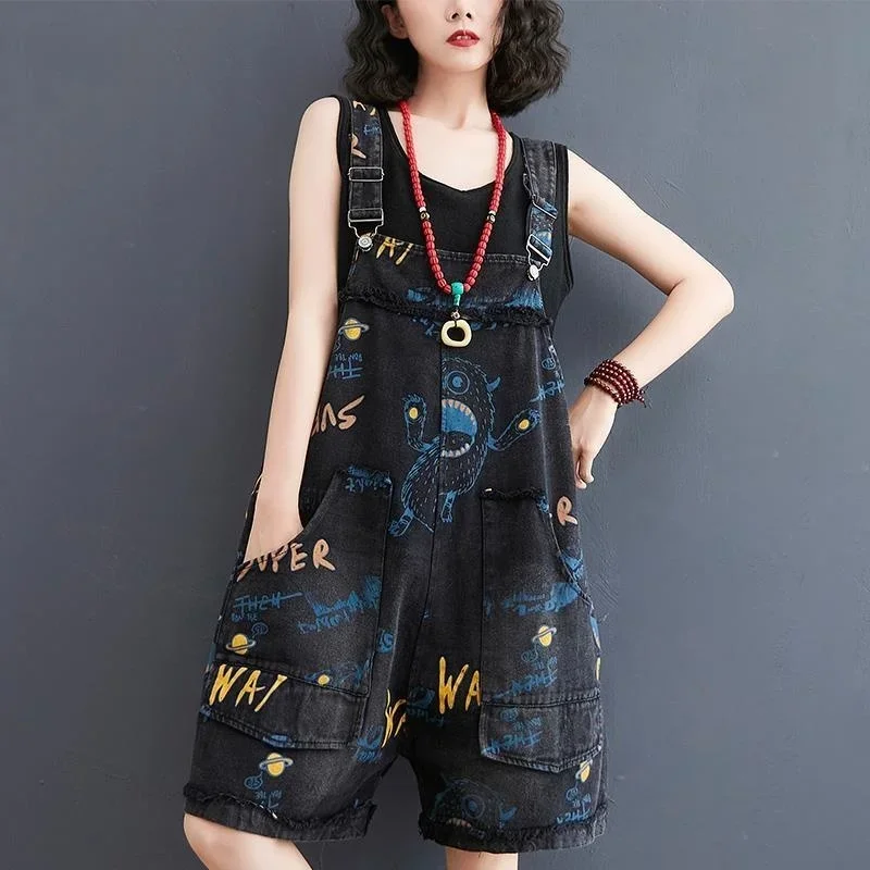 Women's Fashion Denim Strap Playsuits 2024 Summer New Plus Size Clothing Cover Belly Wide Leg Pants Jumpsuit Shorts Ladies Jeans