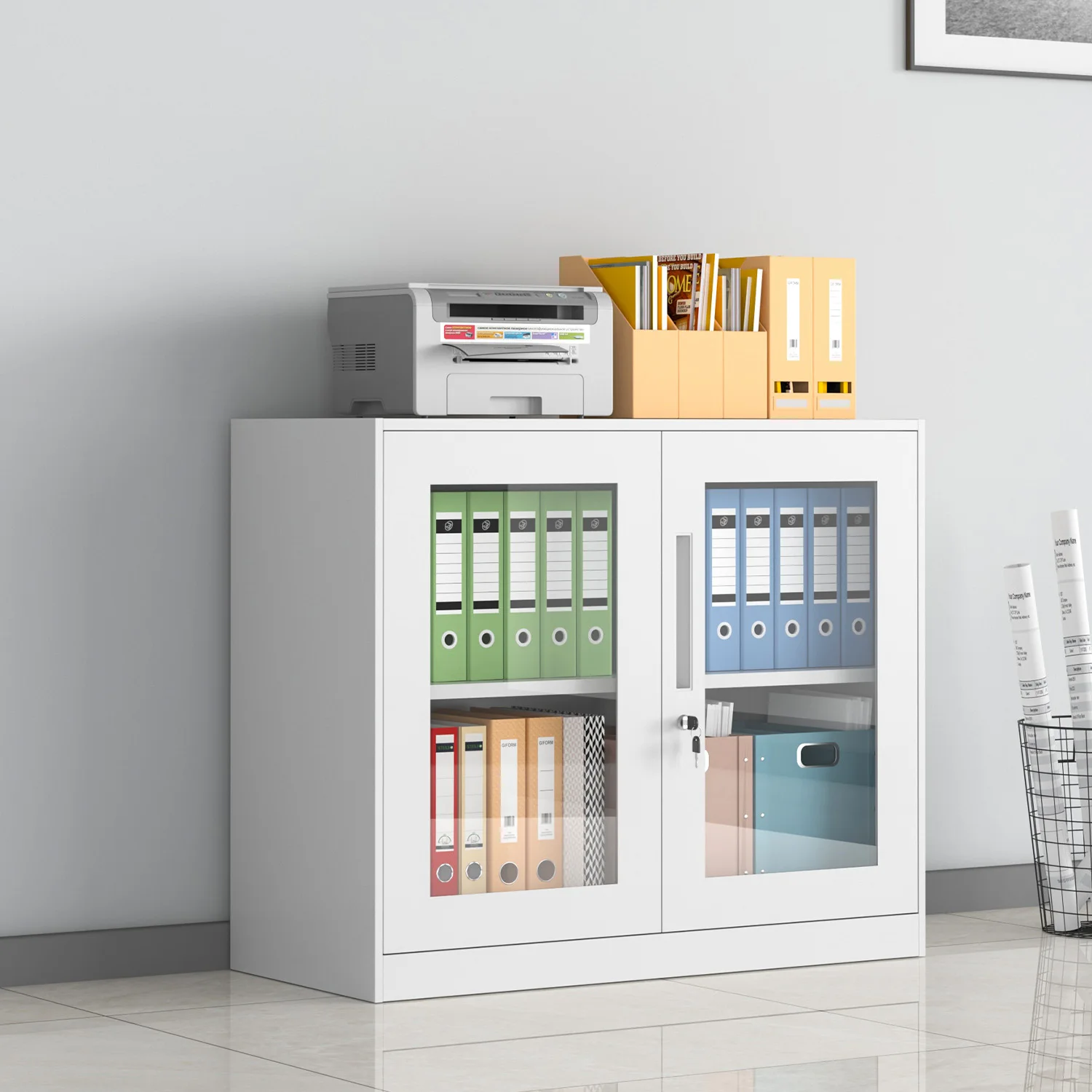 Sturdy Lockable Metal Filing Cabinet Adjustable Steel Low File Cabinet Metal Cabinet With Two Glass Doors Home Office Furniture