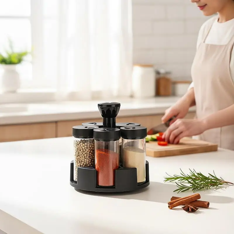 1 Set Spices And Seasonings Kit With Rack 6-Jar Revolving Spice Rack Countertop Seasoning Organizer Spice Pots Storage Containe