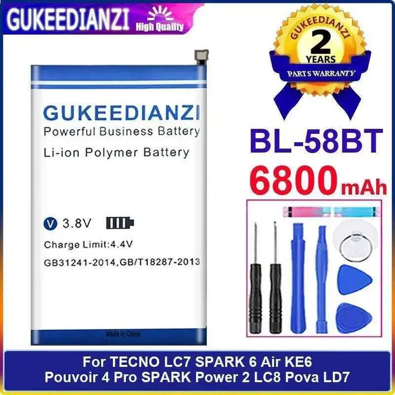 

6800Mah Durable Mobile Phone Battery For Tecno LC7 Spark 6 Air KE6 Pouvoir 4 Pro Power 2 LC8 Pova LD7 BL-58BT
