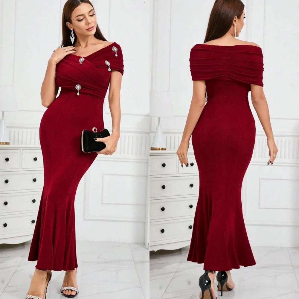 

Exquisite High Quality Sparkle Velour Sequined Engagement Trumpet Off-the-shoulder Bespoke Occasion Gown Midi Dresses