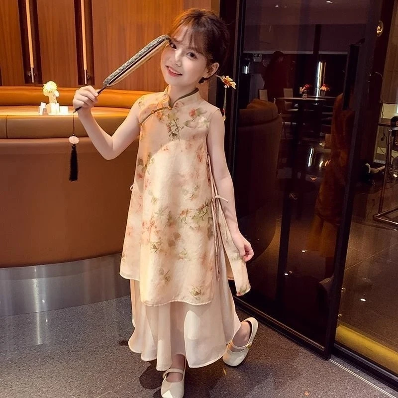 Girls' Hanfu New Chinese Style Qipao Summer National Style Tang Suit Fashionable Princess Dress Super Fairy Dress for Older Girl