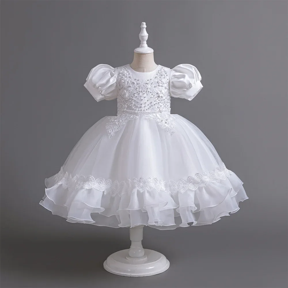 

Layered Tulle Girls Skirt Ruffled Lace Trim Princess Style Party Gown Kids Puff Sleeved Beaded Children Embroidery Putty Dress