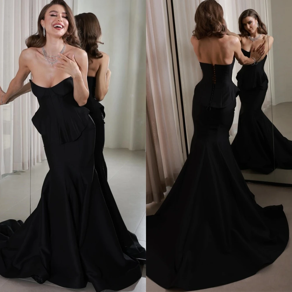 

Customized Temperament Satin Mermaid Evening Dress Classic Strapless Prom Dresses Sexy Lace Up Back Special Occasion Gowns