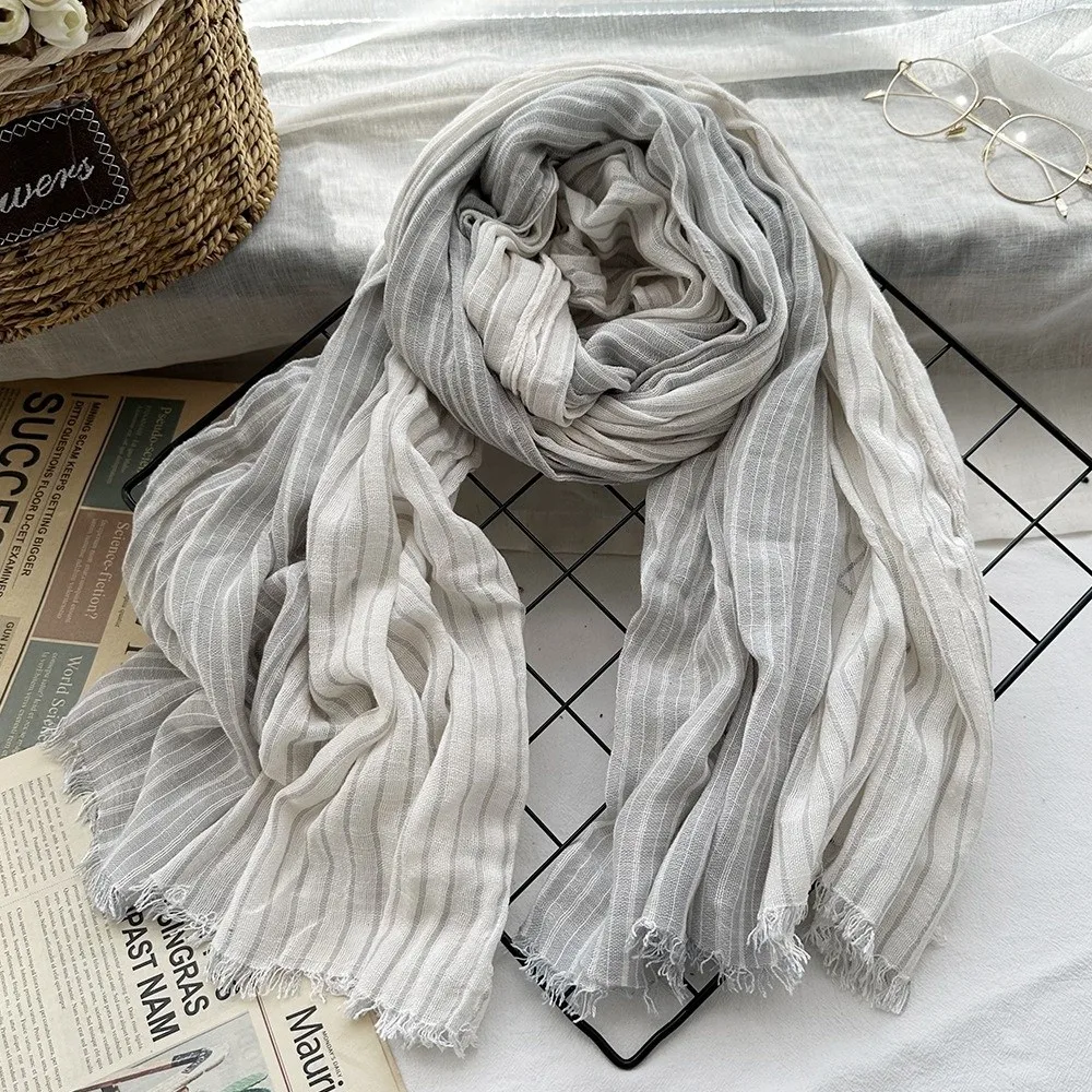 Light Luxury Striped Cotton Linen Scarf Large Soft Neck Scarf Tassels Fringe Breathable Woven Shawl Casual Wear