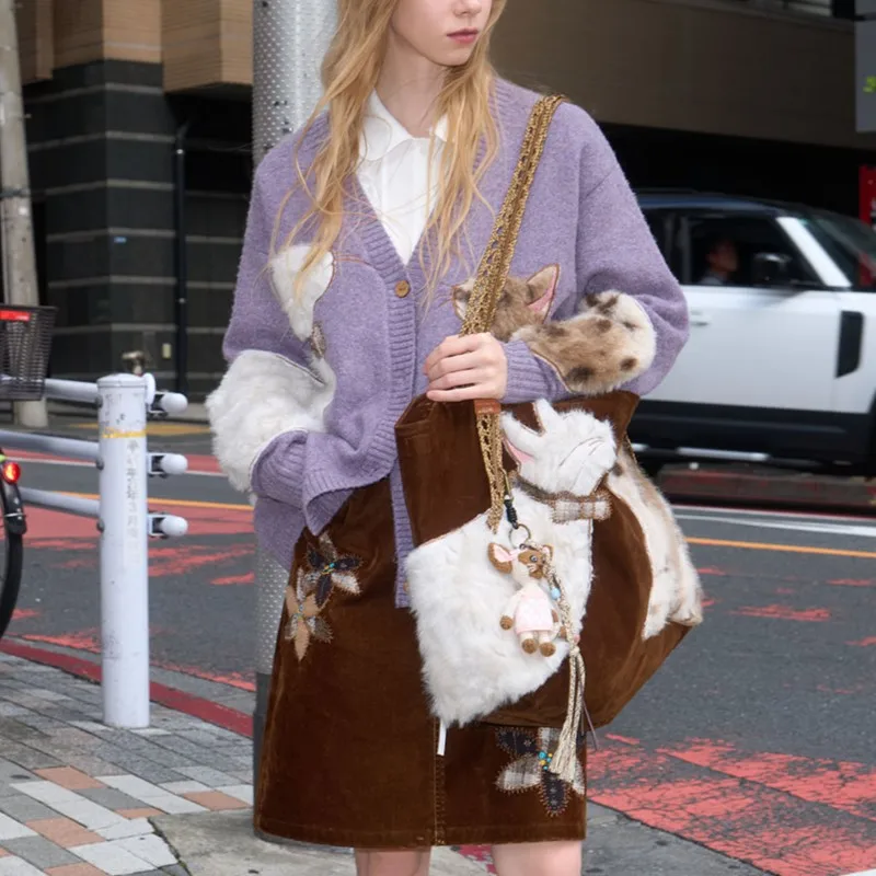 Retro Cute Cat Plush Tote Bag - Large Capacity Shoulder Bag, Coffee