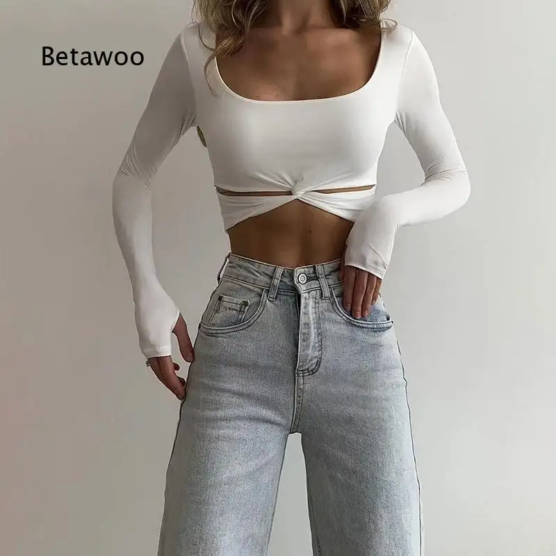 Women Square Neck Long Sleeve Crop Top Twist Front Cutout Slim Fit Party Clubwear Blouse Tops