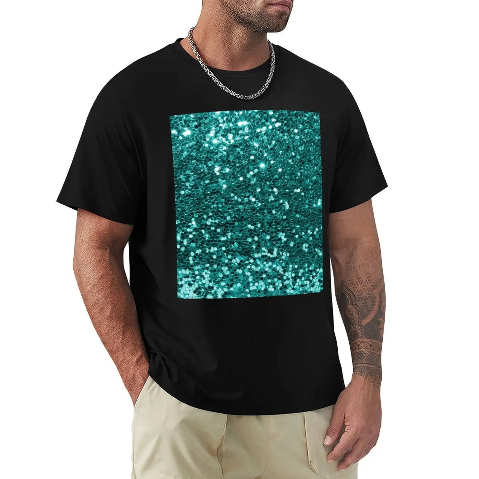 Turquoise Blue Glitter Look Chunky Sequin T-Shirt Fitness Training Breathable Tee