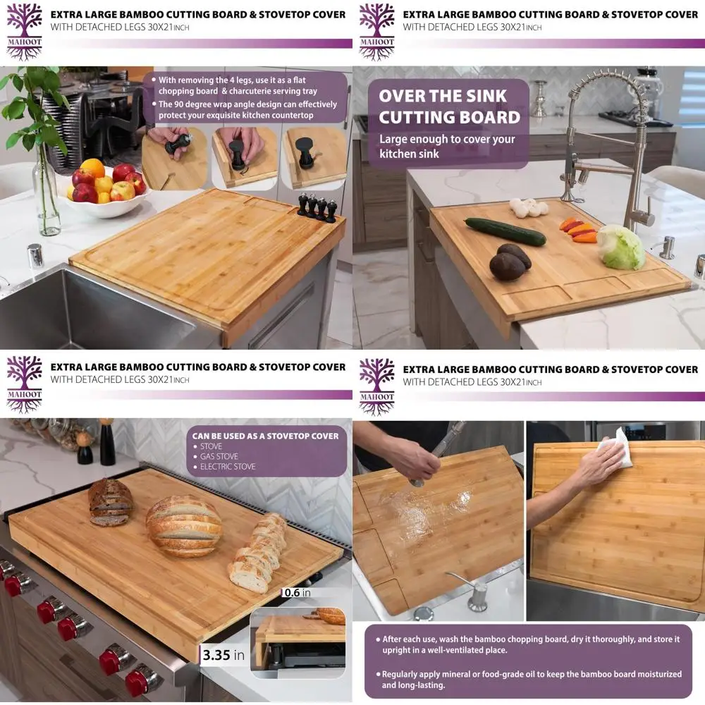 

Large Bamboo Noodle Board & Stove Lid with Legs, Juice Groove, 30x21 inches Multipurpose Kitchen Tool