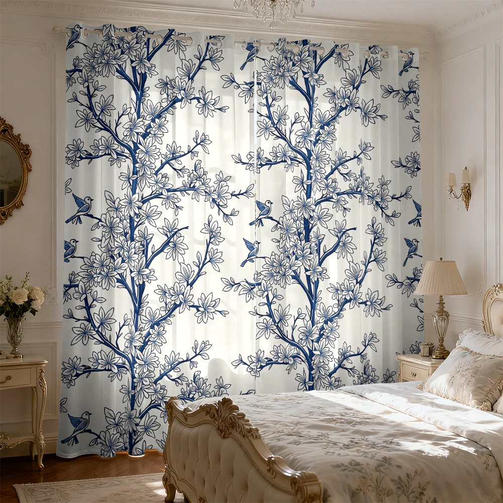 Chinese Vintage Blue and White Porcelain Flower Bird Pattern 2pcs Living Room Bedroom Blackout Decorative Easy Installation