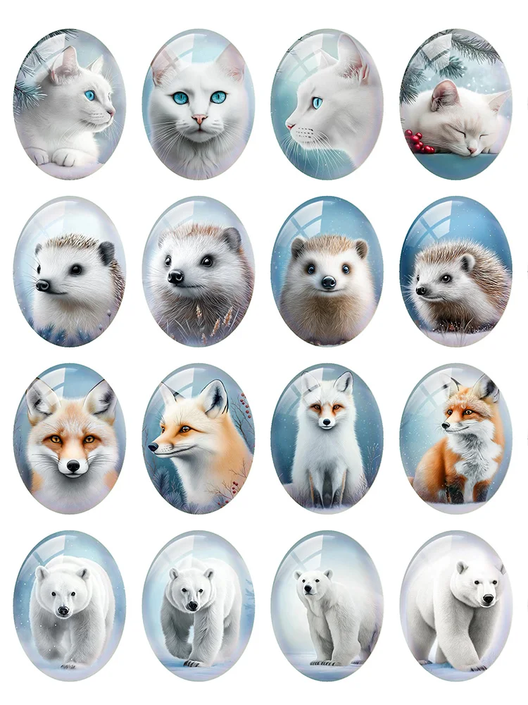 10pcs/lot Christmas X-mas Hedgehog Polar Bear Fox Cat Winter Oval Photo Glass Cabochon Flatback Demo Cameo Diy Jewelry Making