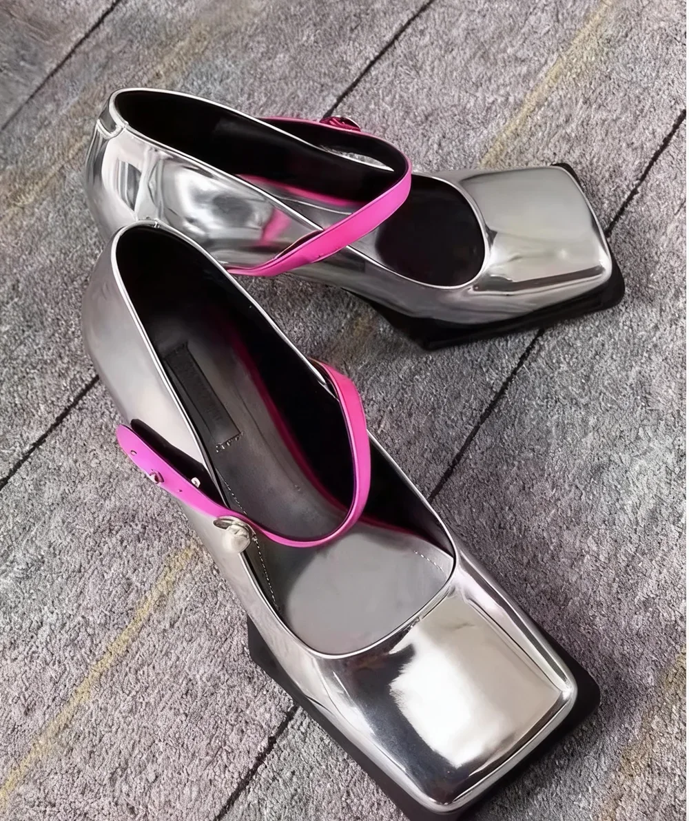 

Custom Silver Faux Leather Pink Buckle Square-Toe Pumps Contrast-Color Single-Strap Transparent Heel High Heel Shoes for Lady