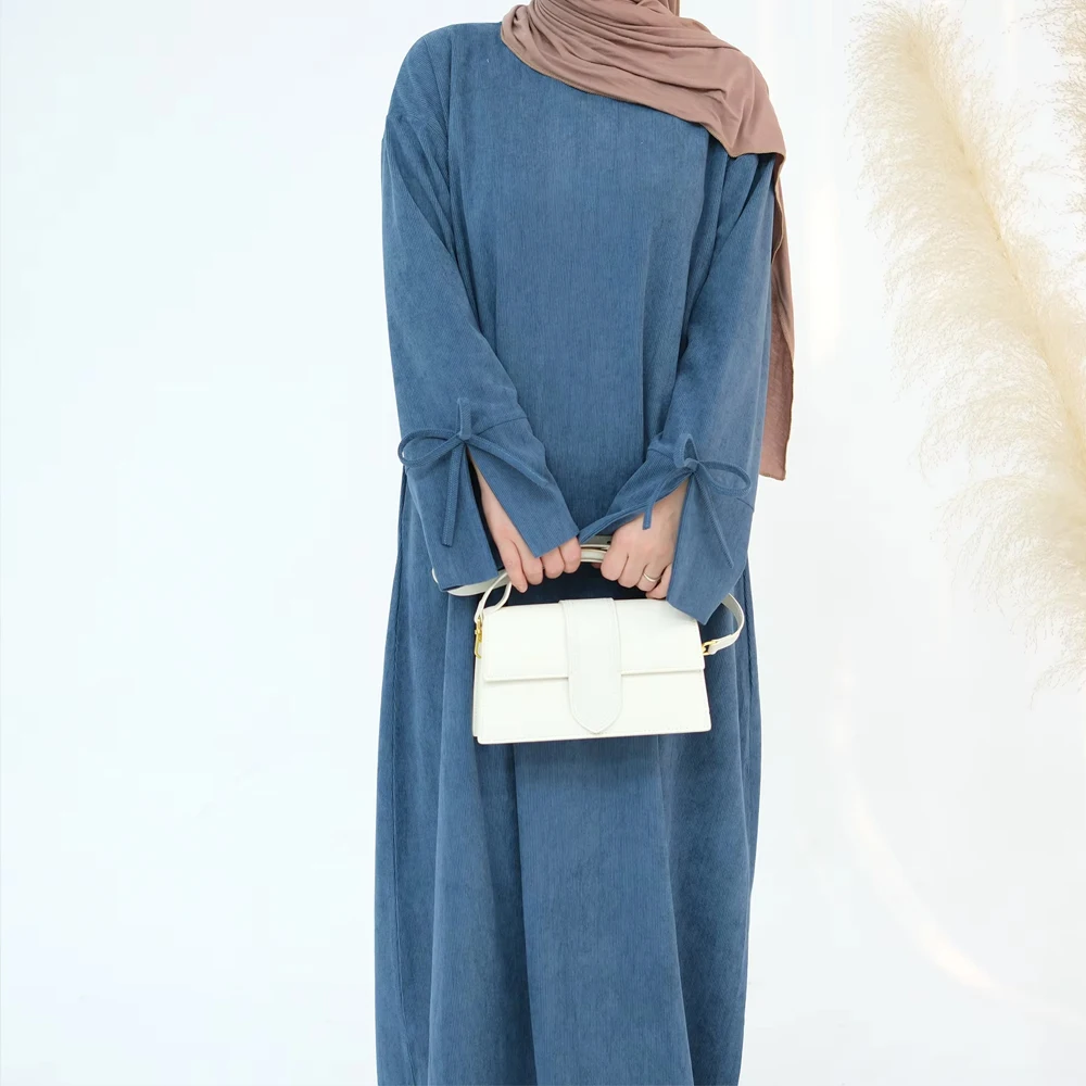 Nouveau velours côtelé Abayas Bow robes musulmanes pour femmes dubaï turquie caftan Eid Kebaya Caftan Marocain Femme Musulmane Jalabiya Robe