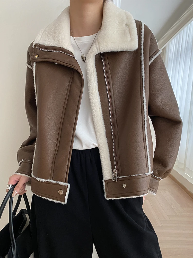 

Thickened Warm Faux Fur Imitation Mink Coats Women 2024 New Simple Classic Fur Lined Winter Motorcycle Leather Jacket