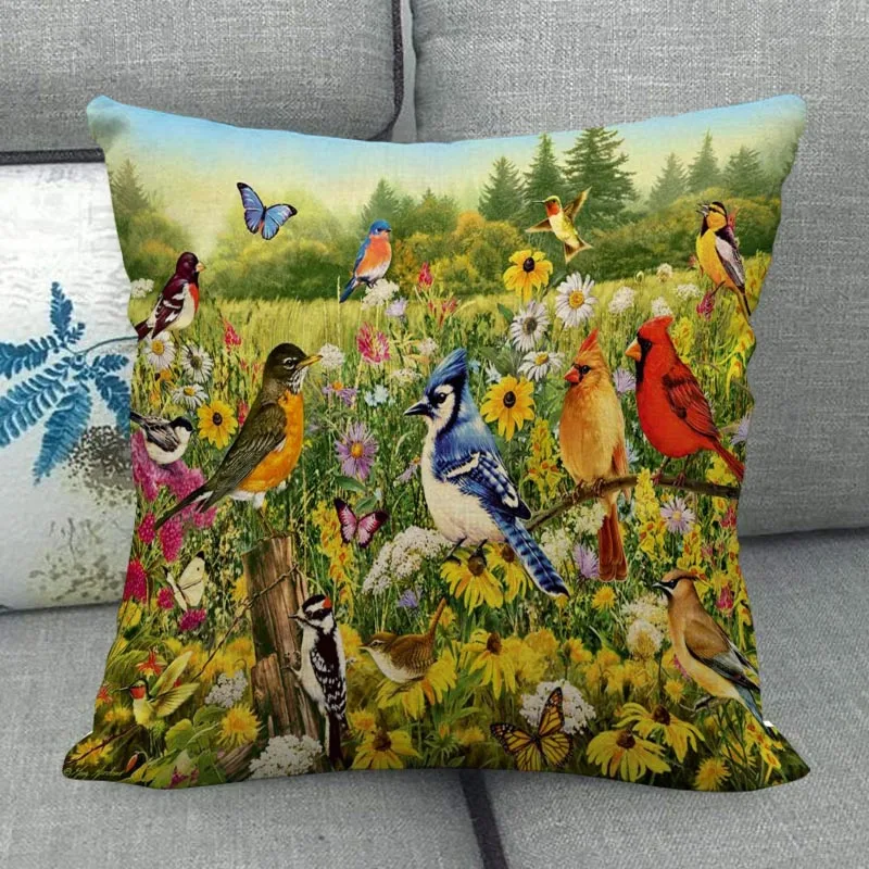 Custom Birds Art Painting Pillowcase Wedding Decorative Cotton Linen Pillow Case For Home PillowCover 45X45(One Sides)