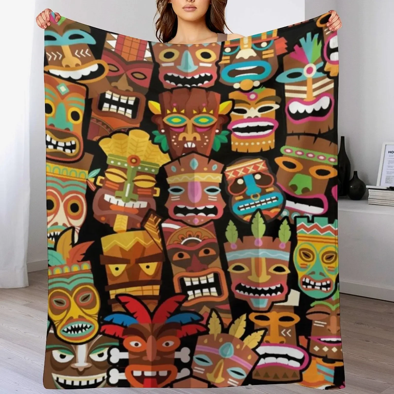 

Tiki Pattern Throw Blanket Warm Comfortable Blanket Gift for Parents Friends