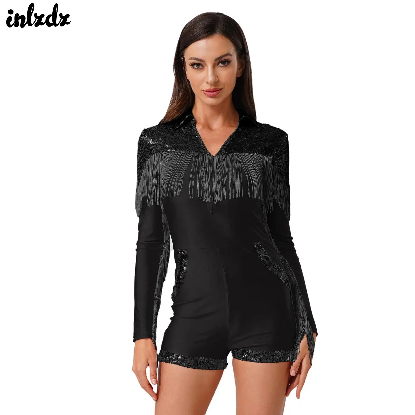 Mono de vaquera occidental de Halloween para mujer, disfraz de Cosplay brillante de los años 70 y 80, mono de discoteca con flecos y lentejuelas, pantalones cortos, peleles