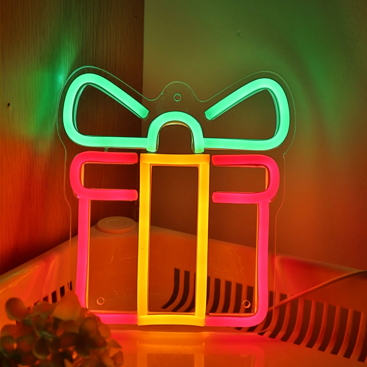 1PC Christmas Gifts Box Wall LED Neon Sign USB Power For Christmas New Year Shop Party Club Pub Windown Decoration 6.89''*7.5''