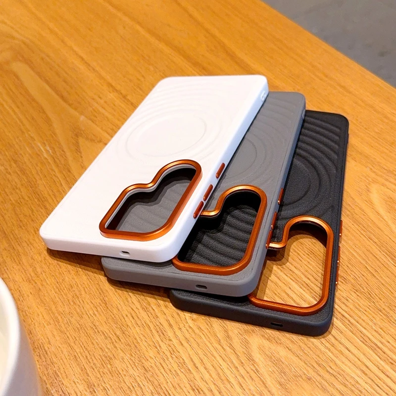 

For Samsung Galaxy S26 Ultra , S26 Plus Magnetic Case ELVEV Fashion Ripple Pattern PU Leather Hard PC Suction Phone Cover