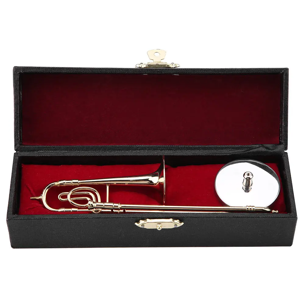 15cm Miniature Trombone Replica with Stand and Case Gold Plated Instrument Model Musical Ornaments for Gift