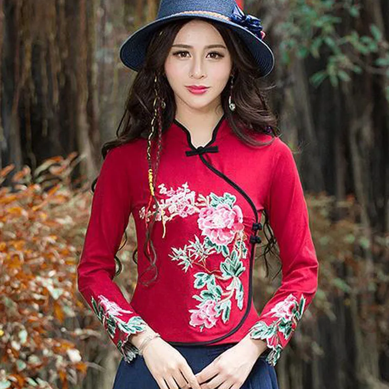 Cheongsam Womens Plus Size Korte Tops 2024 Herfst Katoenmix Gesplitst Borduurwerk Opstaande Kraag Chinese Stijl Qipao Shirts Vrouw