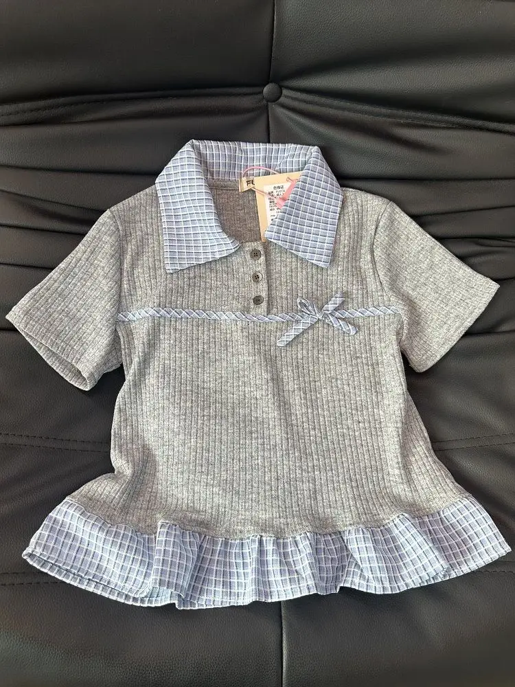 Korea Chic Patchwork Turn-down Collar T-shirt Preppy Style Minority Camisetas Two Piece New Slim Fashion Ropa Mujer