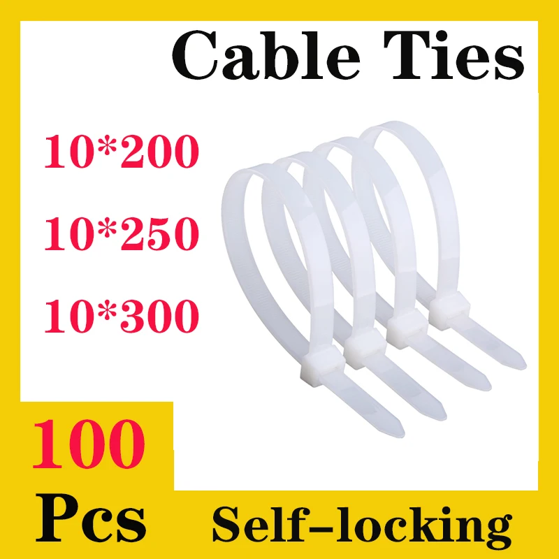 

100Pcs Self-locking Plastic Nylon Cable Tie Fastening Ring Wire Boutique 10x200/250/300 Zip Wraps Strap Nylon Cable Tie Black