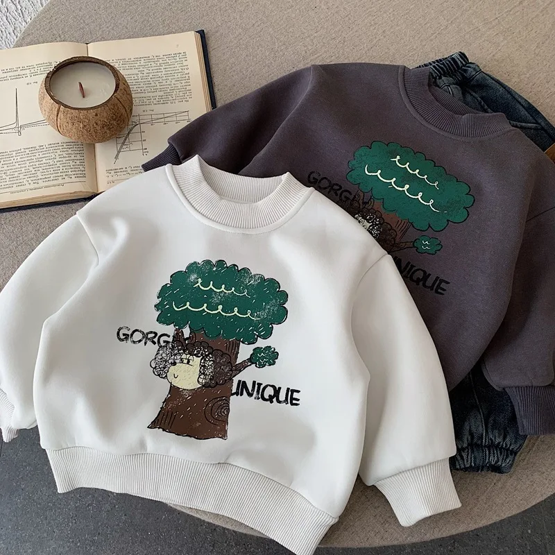

2025 New Cute Cartoon Print Children Winter Warm Sweatshirt Boys Girls Fleece Tops Kids Casual Pullover Baby Fleece Clothes
