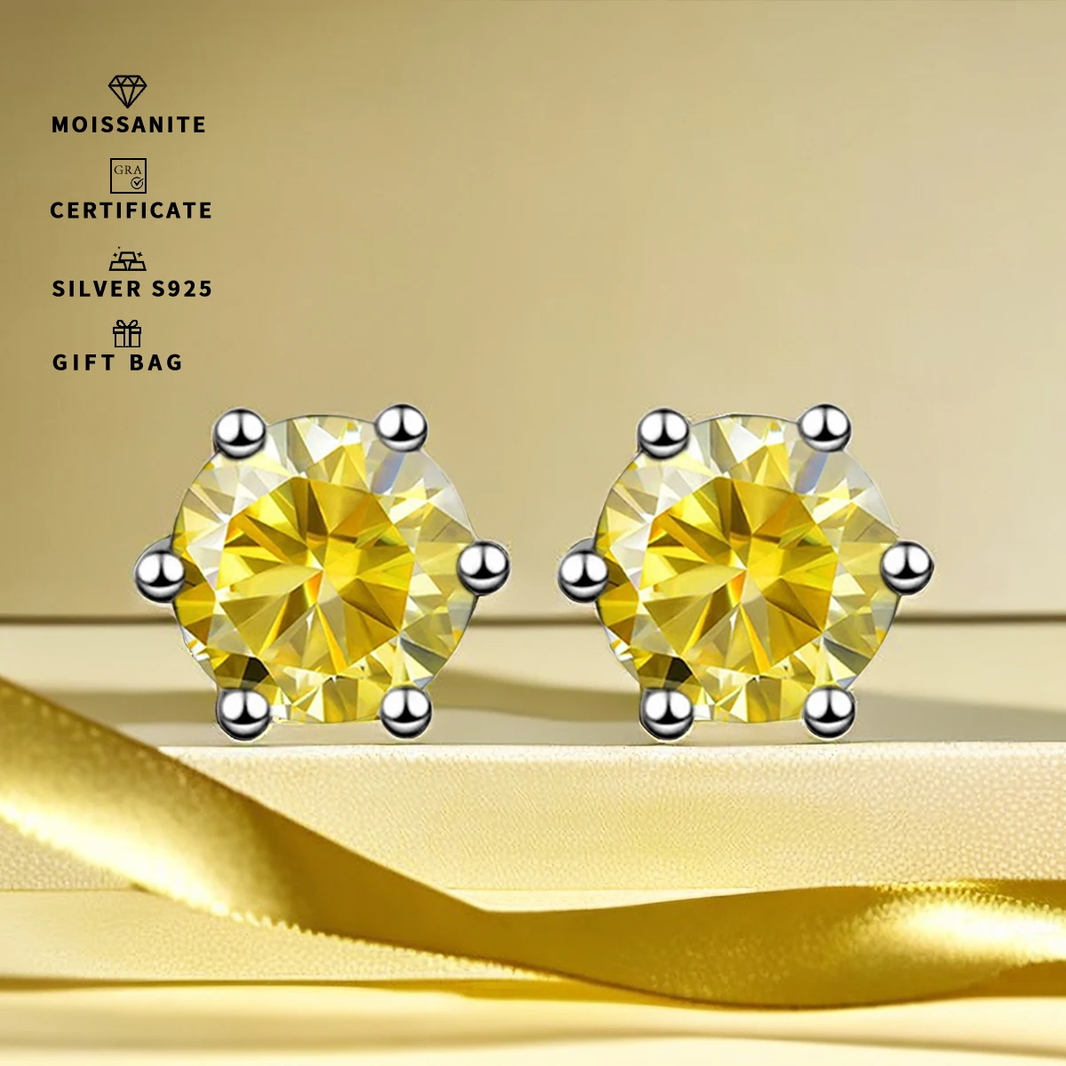 

GRA 6.5mm/1ct Certified S925 sterling silver six-prong stud earrings Round Yellow Moissanite earrings for women fine jewelry