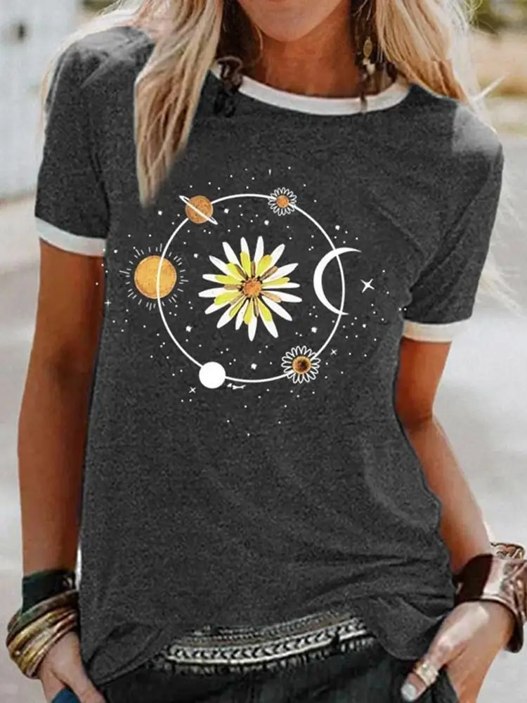 Cartoon Starry Sky Printed Women's T-Shirt Summer Round Neck Short Sleeved T-Shirt Women's Top T-Shirt Clothing Me15