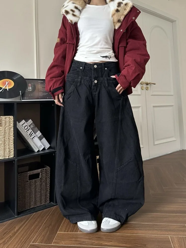 Women's Doodle Letter Double Waistband Splicing Jeans Spring Wide Leg Pants Unisex Sweatpants Female High Waisted Baggy Trousers