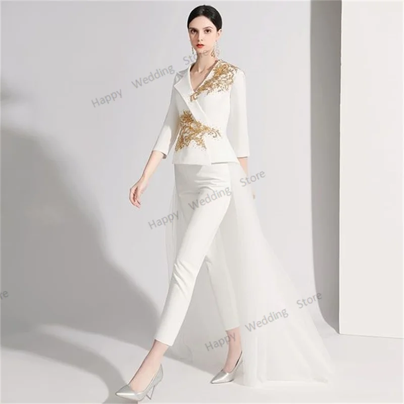 White Women Suits Pants Set 2 Pieces Blazer+Trousers With Detachable Train Gold Appliqued Beads Custom Made Jacket Party Gown