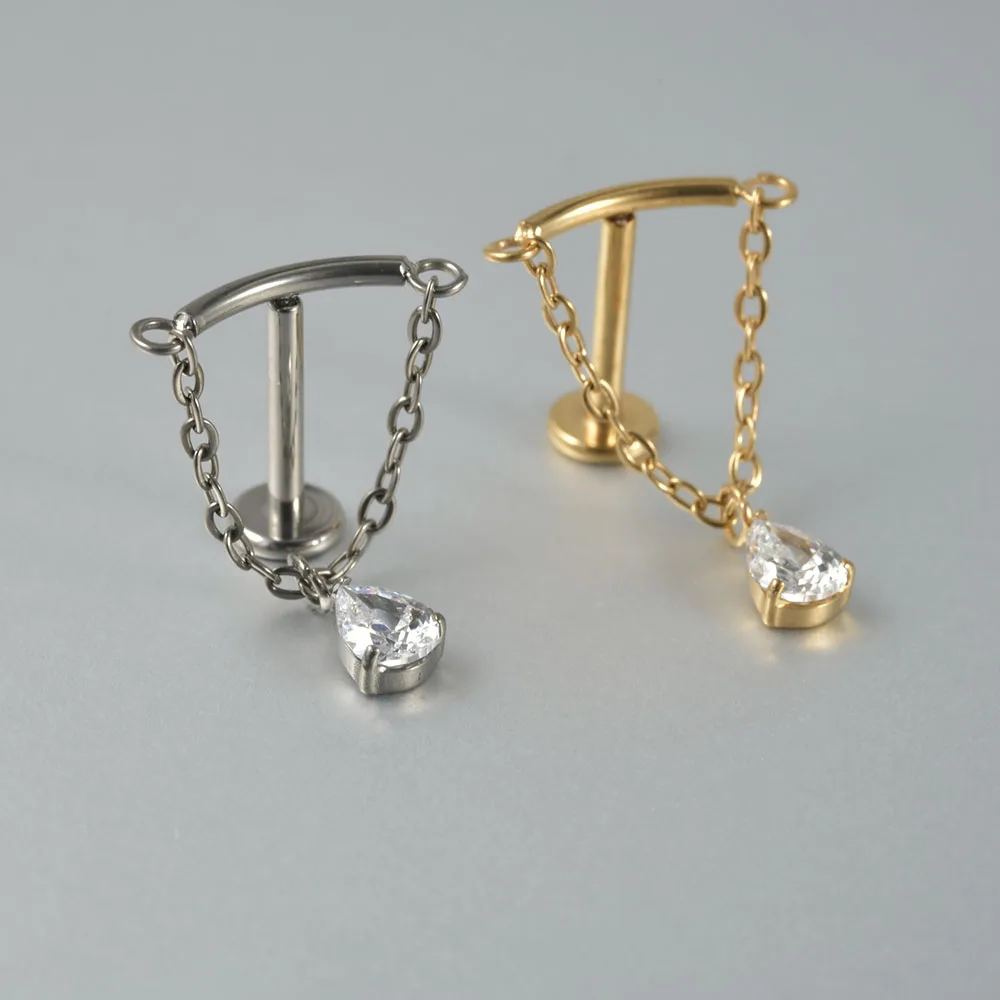 Dreamlee G23 Solid Titanium Chain Dangling Rook Helix Stud Inner Screw Flat Back Tragus Cartilage Earring Lobe Labret Piercing