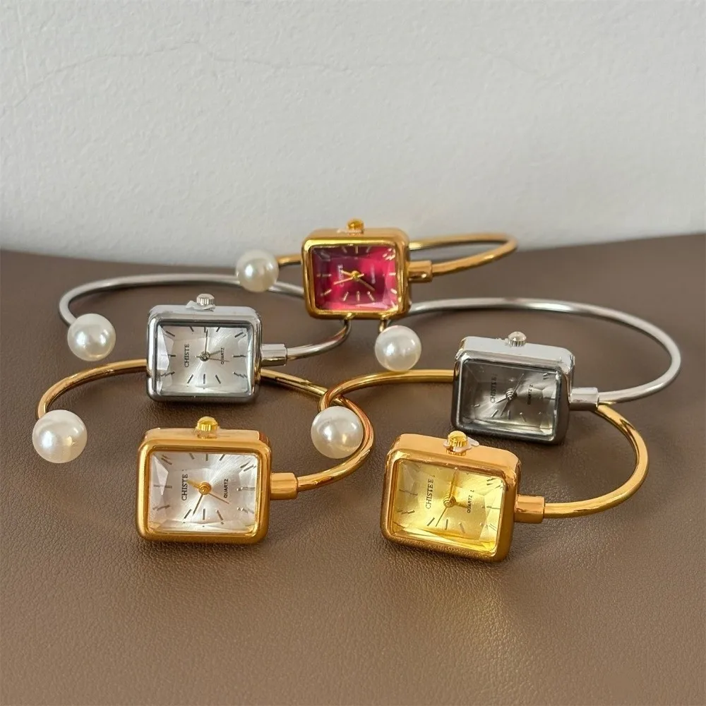 Simple Square Dial Wrist Watch Pearl Strap Open Bracelet Quartz Watch Female Wristwatch Women