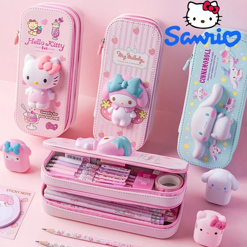 Anime Pencil Case Kawaii Hellokitty Cinnamoroll Melody Pu Large Capacity School Pencils Bag Pouch Pen Case Supplies Stationery