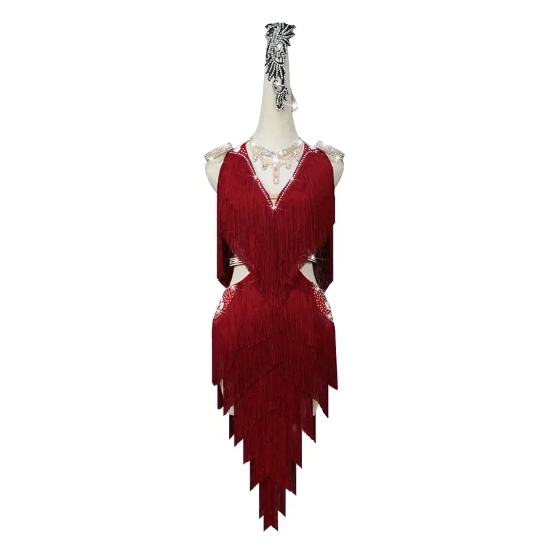 Falda corta con flecos de baile latino rojo para mujer, vestido de competición, ropa Sexy, ropa de práctica de salón profesional, promoción de Samba