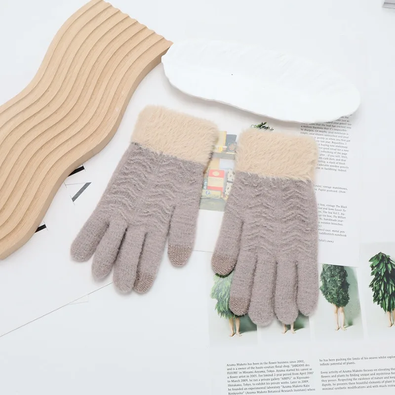 Women Winter Fleece Thickened Warm Five Finger Touch Screen Protective gloves with Wool Thermal for Cycling Split Finger Outdoor
