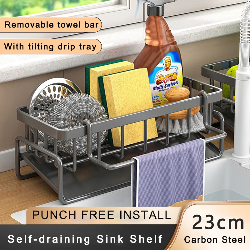 

Self-Draining Sink Shelf Multifunctional Carbon Steel Kitchen Sink Drain Rack Soap Sponge Holder Kitchen Sink Organizer