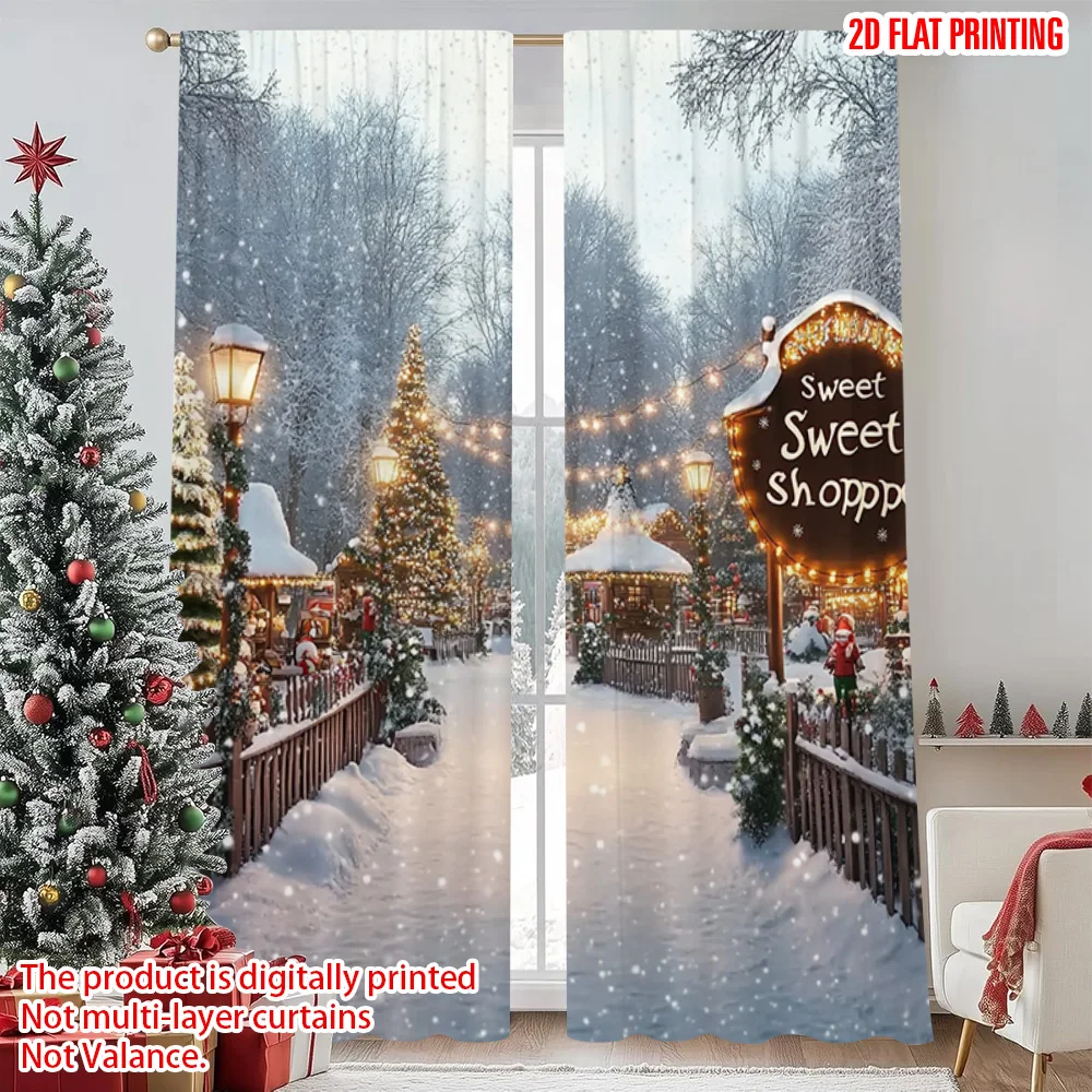 

2pcs 2D flat printing Christmas Scene Curtain winter wonderland 101 100% Polyester Without Electricity Festive Wall Decor