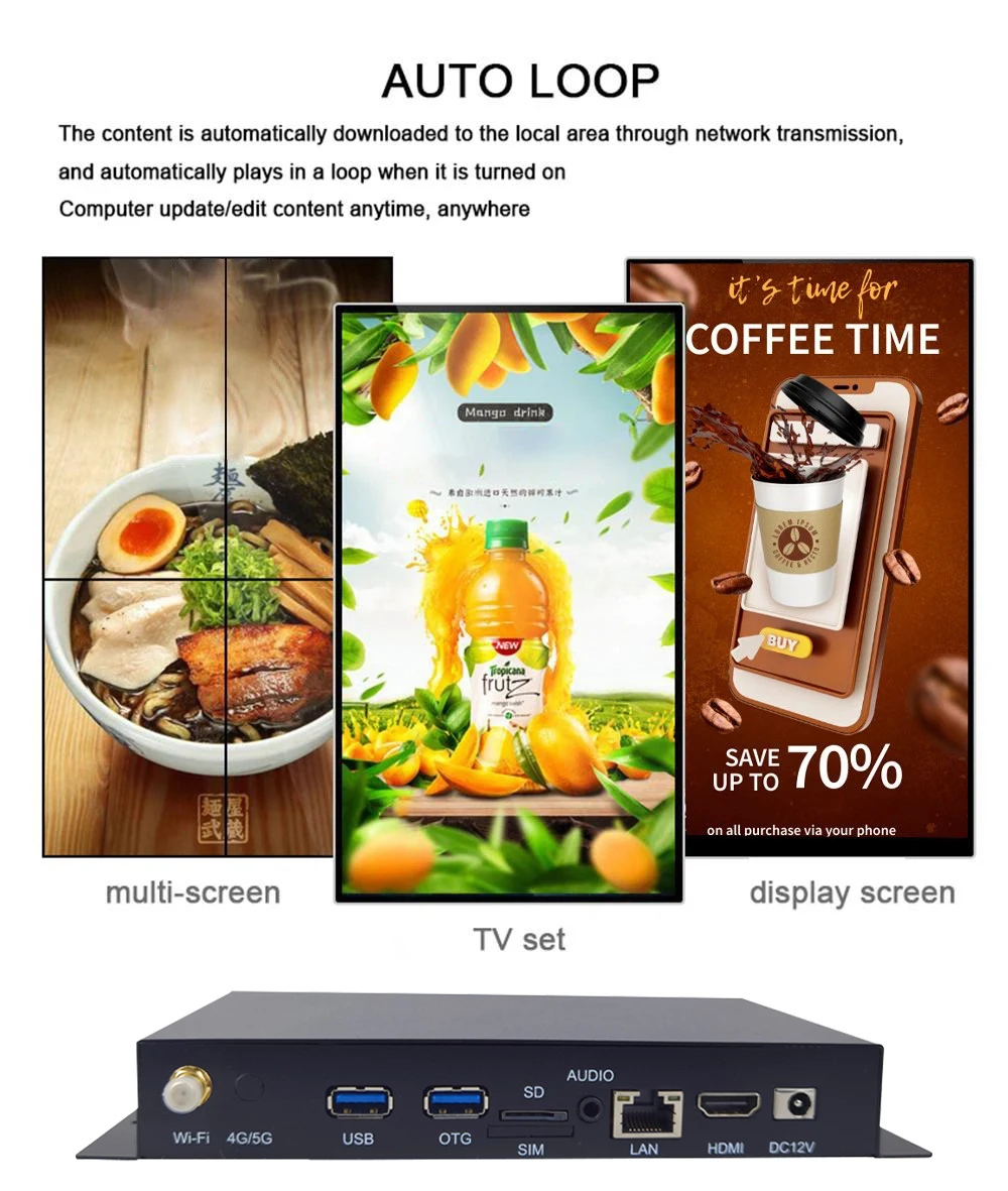 RK3568 Gehäuse 4K UHD HD-MI IN/OUT 4G Modul WLAN Android 11.0 2+32G Wide-Area-Netzwerk CMS LCD Digitaler Werbebildschirm Videoplayer – Detail 9