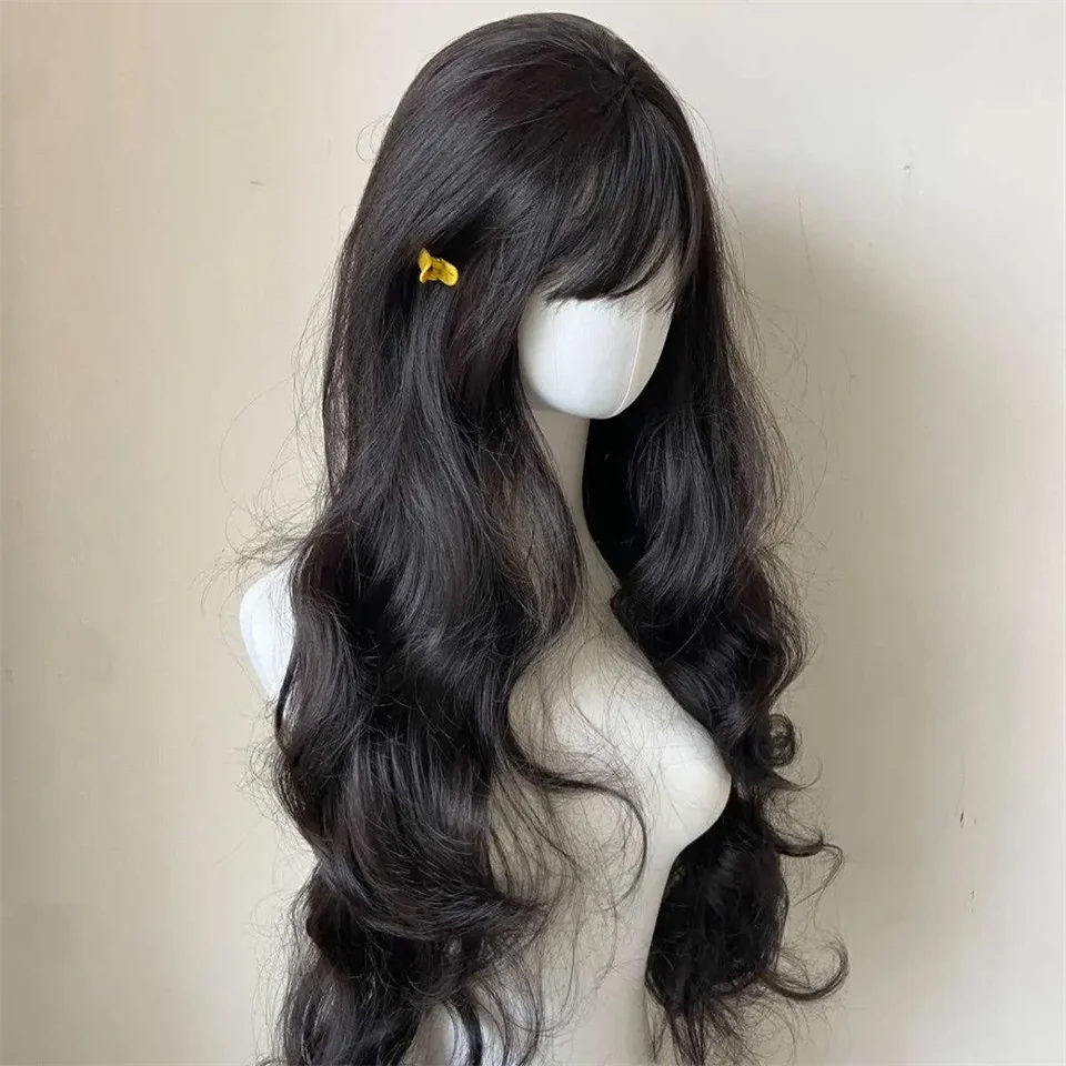 OLACARE ブラック ロングボディ ウェーブ シンセティックウィッグ 女性用 アフロ ナチュラルブラックヘアウィッグ ミドルパート 耐熱ファイバー デイリーユース