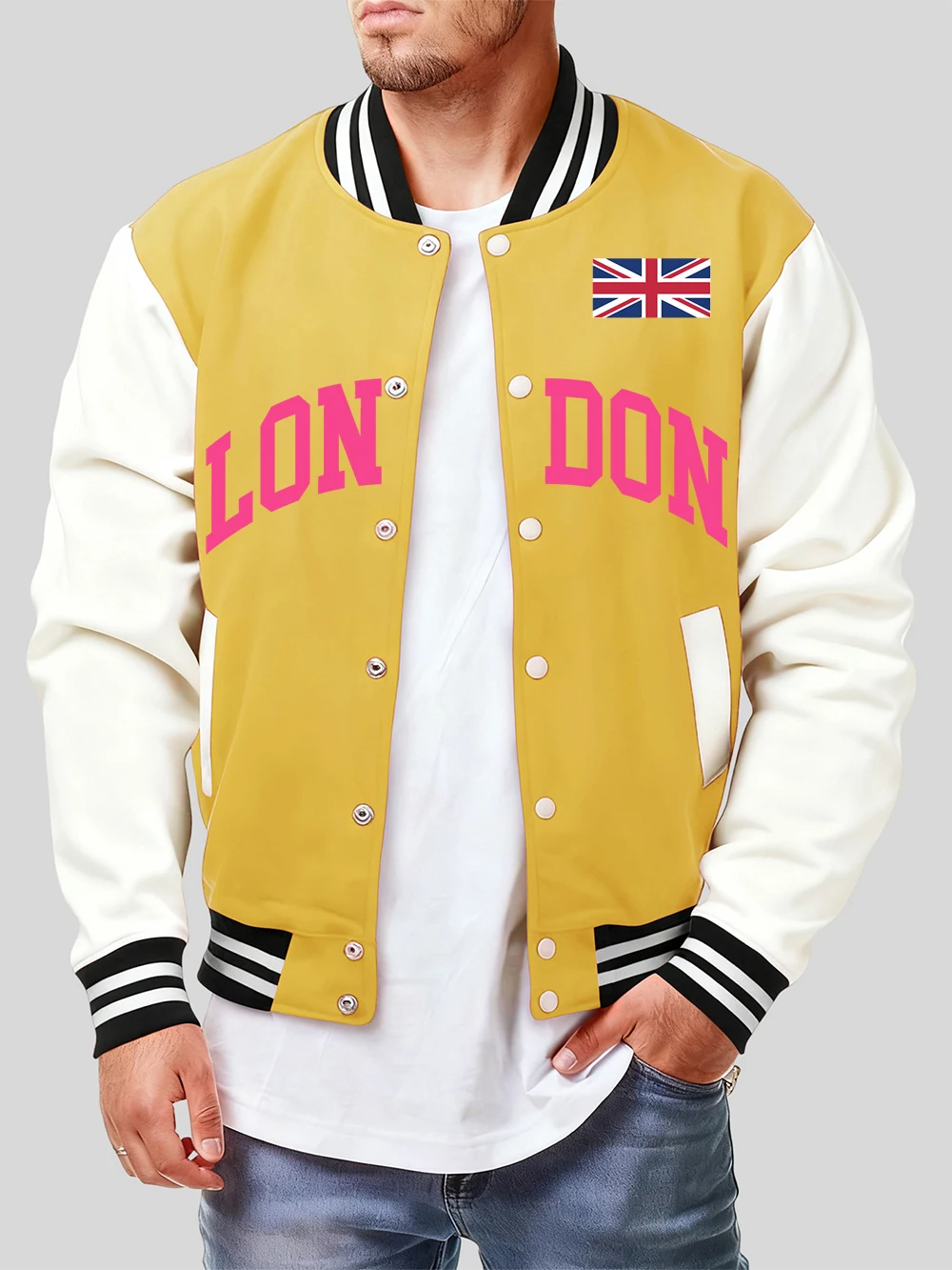 

London England Flag Printed Baseball Coat Men Street Loose Cotton Jackets Winter Fleece Warm Tops Basics Pocket Male Clothes