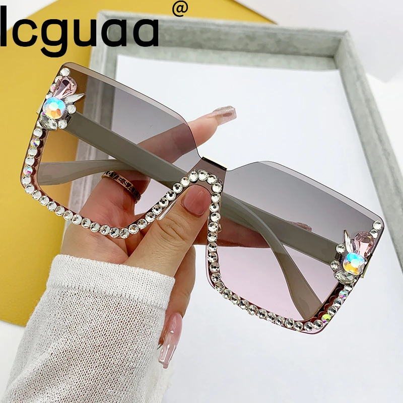 

Luxury Rimles Square Diamond Bling Sunglasses Women Oversized Bomb Glitter Rhinestone Sun Glasses Lentes UV400 Sunglasses Women